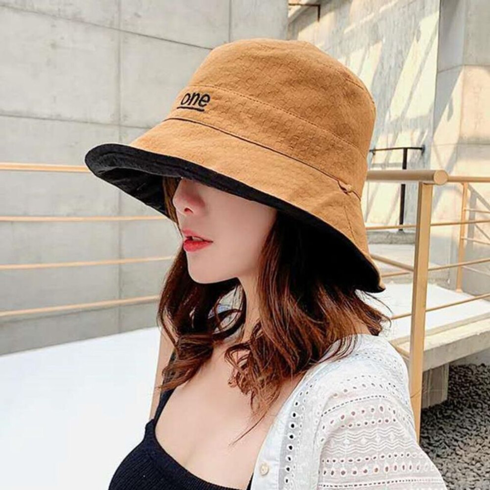 (khaki) Summer Cotton Outdoor Fishing Cap Casual Panama Bucket Cap Sunscreen Sun Cap Double-sided Letter Embroidery Fisherman Hat For Women