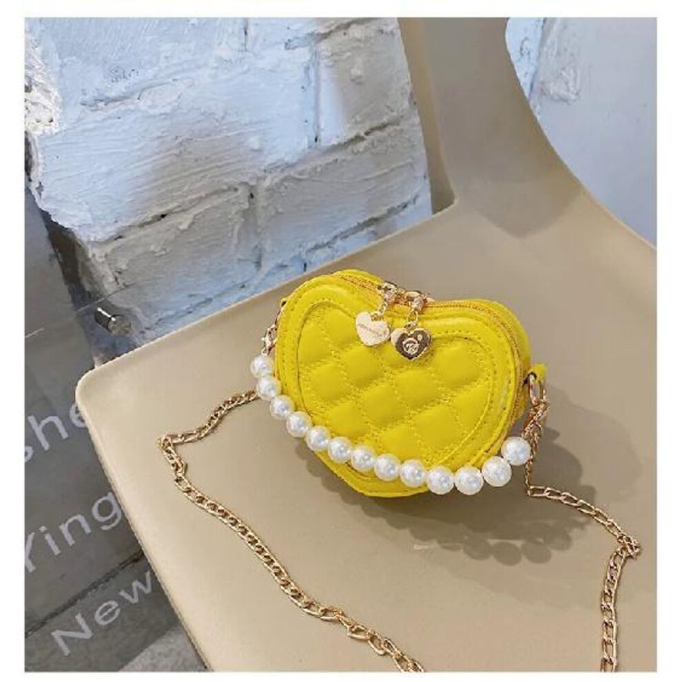 (yellow) Pearl Handle Girls Mini Shoulder Messenger Bag Princess Wallet Coin Purse Handbags Cute Children Heart-shaped Crossbody Bags