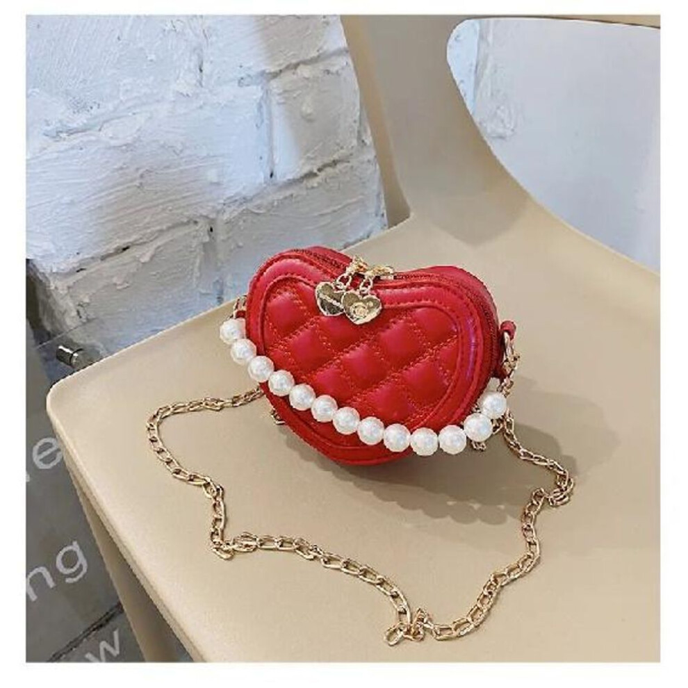 (red) Pearl Handle Girls Mini Shoulder Messenger Bag Princess Wallet Coin Purse Handbags Cute Children Heart-shaped Crossbody Bags