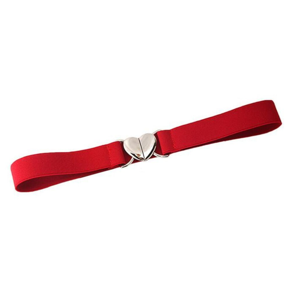 (red) Women Elastic Belts Love Heart Metal Buckle Waist Dress Coat Sweater Decorative Waistband Accessories