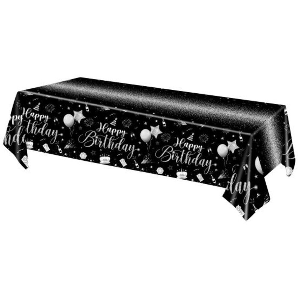 (silver) Happy Birthday Tablecloth Waterproof Stain Resistant Rectangular Disposable Plastic Dining Table Protective Cover