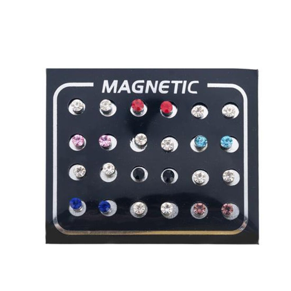 (multicolor, 7mm) 12pairs/set Unisex Rhinestone Inlaid Magnetic Stud Earrings Non Piercing Jewelry