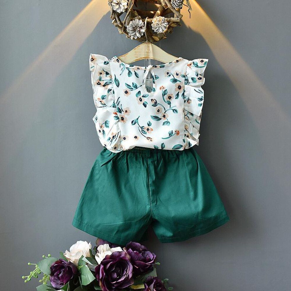 (green, 110) Summer Baby Girls Casual Flare Sleeve Floral Print T-shirt Tops+shorts Suits Costume Set