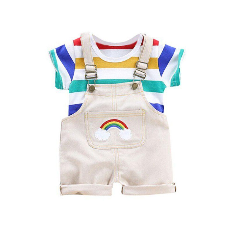 (beige, L) Summer Baby Boys Girls Short Sleeve Stripe Print Tops Blouse T-shirt+suspender Pants Children Outfits
