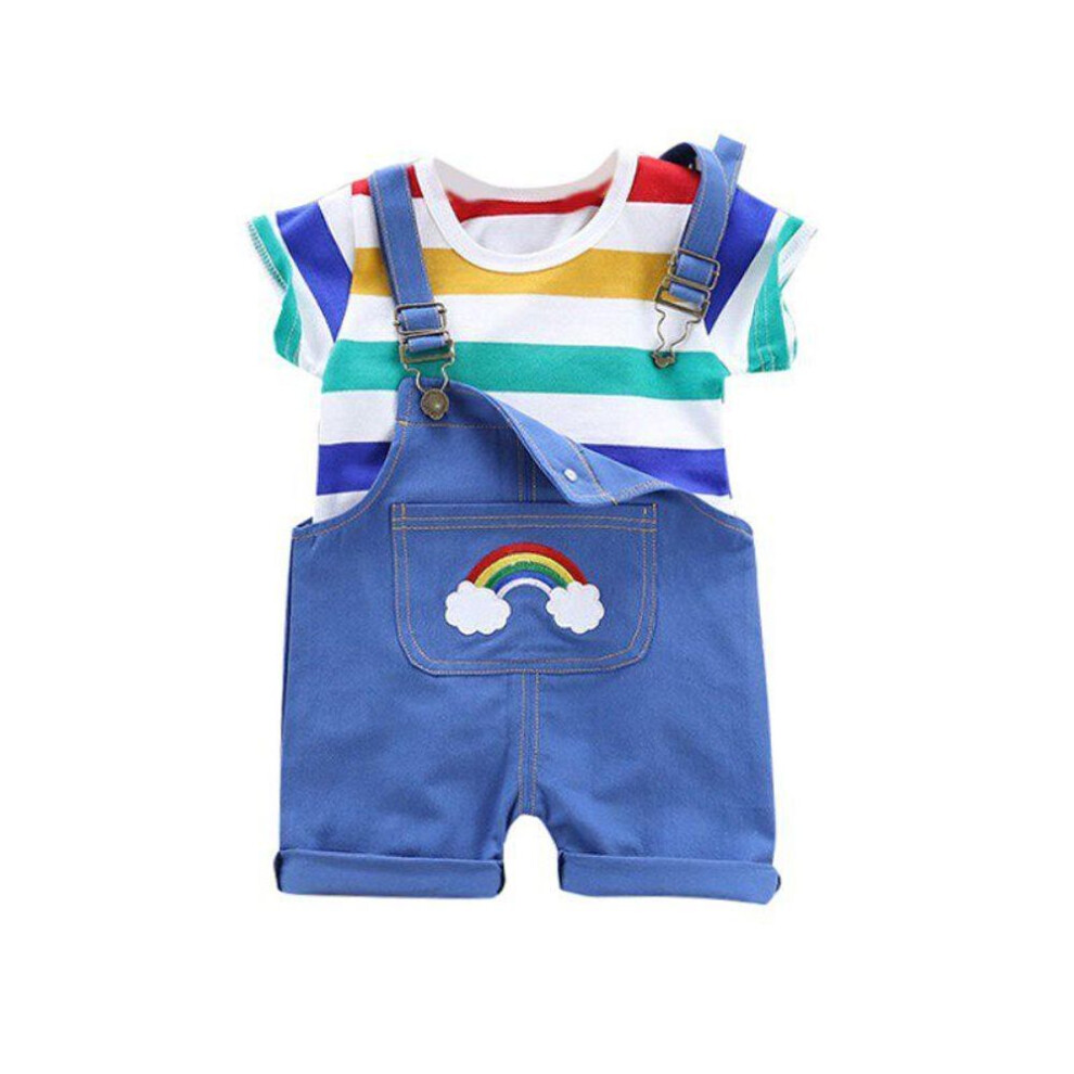 (blue, L) Summer Baby Boys Girls Short Sleeve Stripe Print Tops Blouse T-shirt+suspender Pants Children Outfits