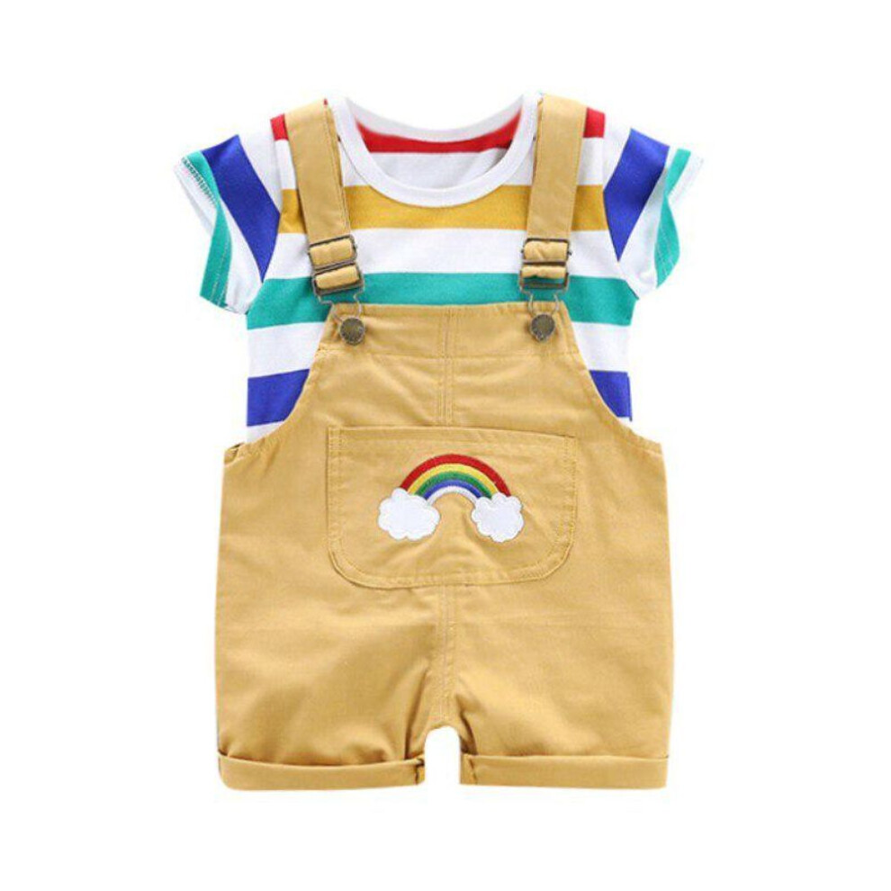 (yellow, M) Summer Baby Boys Girls Short Sleeve Stripe Print Tops Blouse T-shirt+suspender Pants Children Outfits