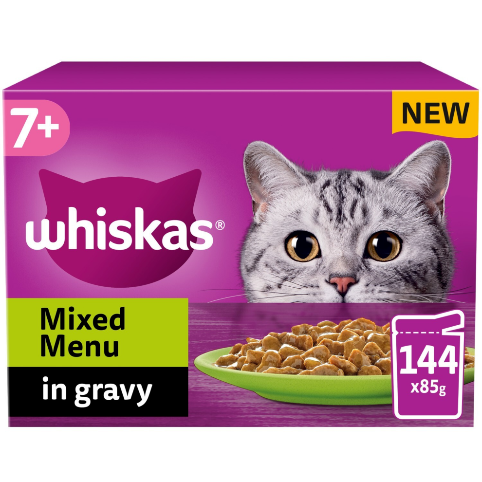 144 X 85g Whiskas 7+ Mixed Menu Senior Wet Cat Food Pouches In Gravy