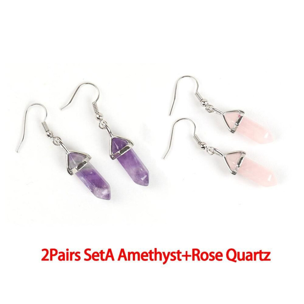 (amethyst+rose quartz) European And American Popular Classic Earrings Natural Crystal Semi Gem Pendant In Hexagonal Prism Bullet Head Earrings