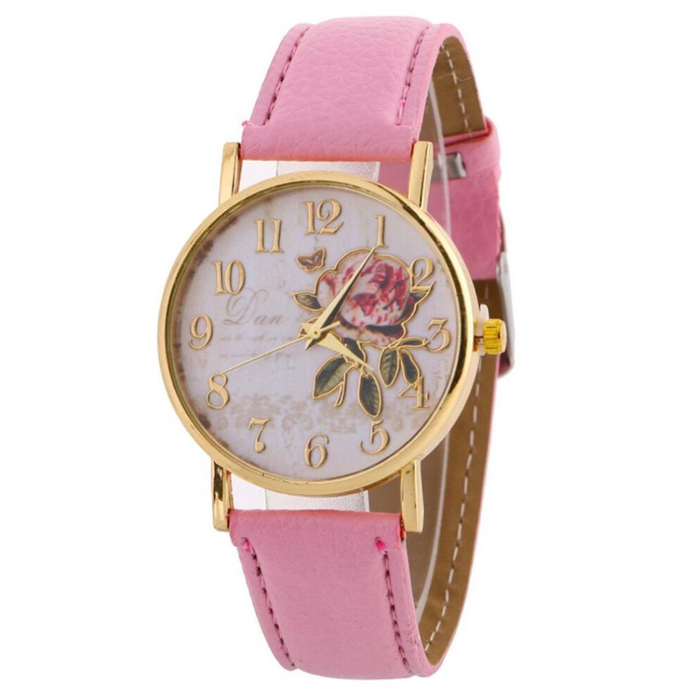 (pink) Wrist Watch Lady Digital Rose Round Dial With Artificial Leather Band Quartz Watch