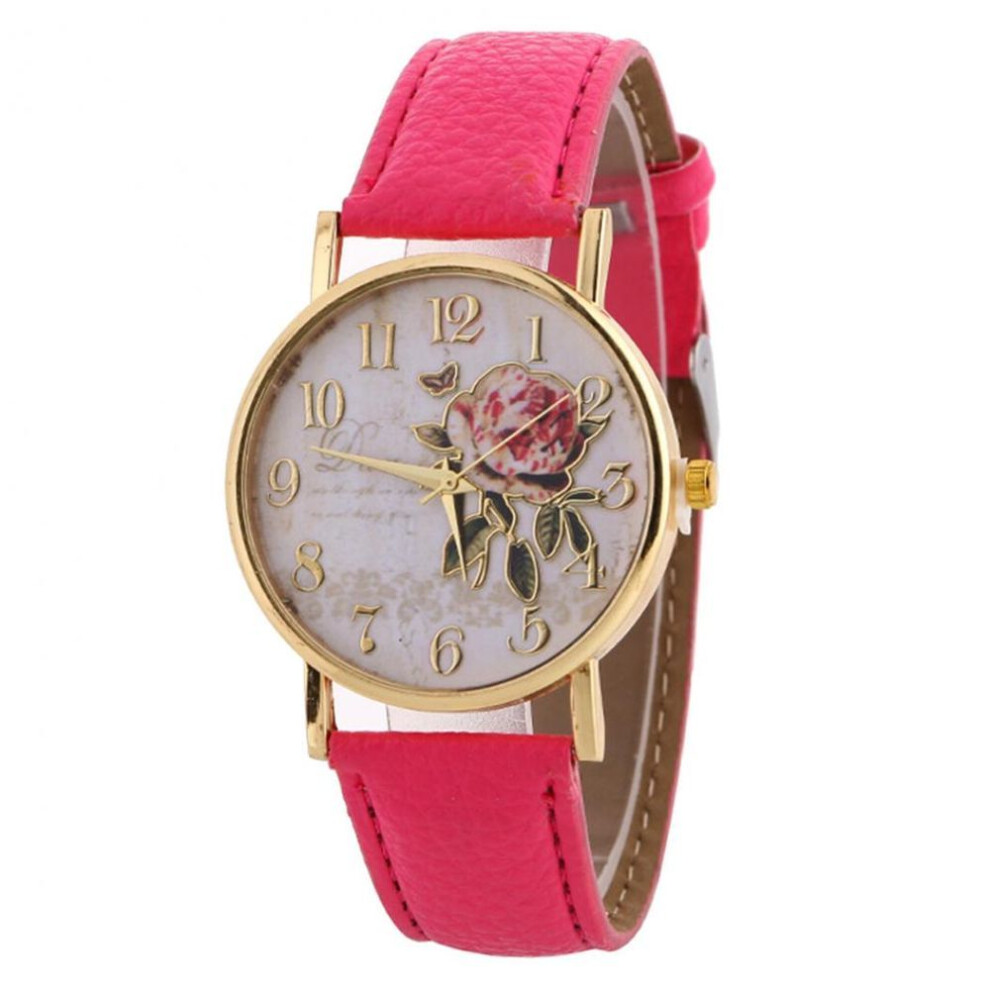 (rose red) Wrist Watch Lady Digital Rose Round Dial With Artificial Leather Band Quartz Watch