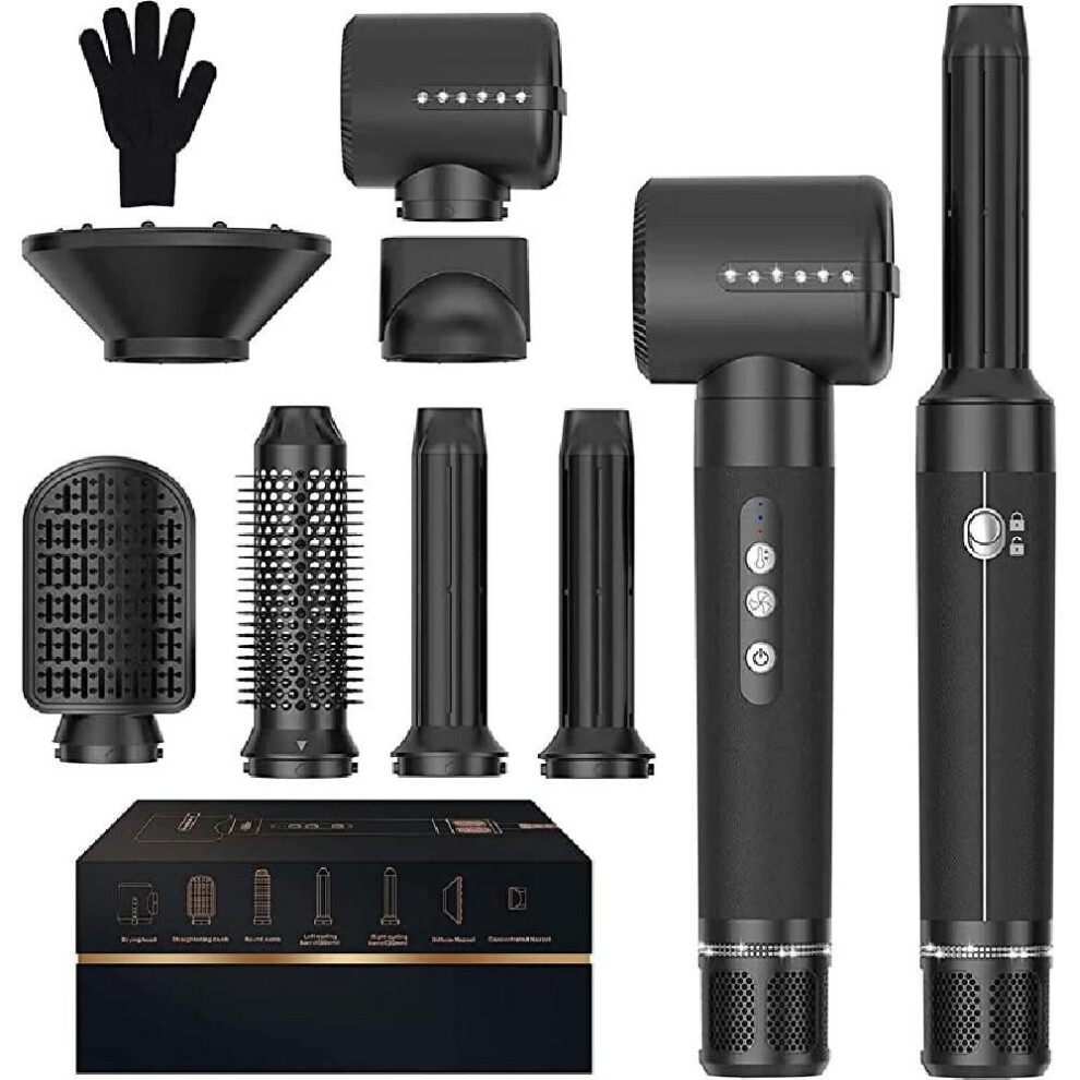 (black, EU Plug) 7 in 1 Detachable Hair Styling Tools,Ionic Hair Dryer with Diffuser, Air Hair Curlers, Hot Air Brush Curling Brush, Hair Straightener Brush