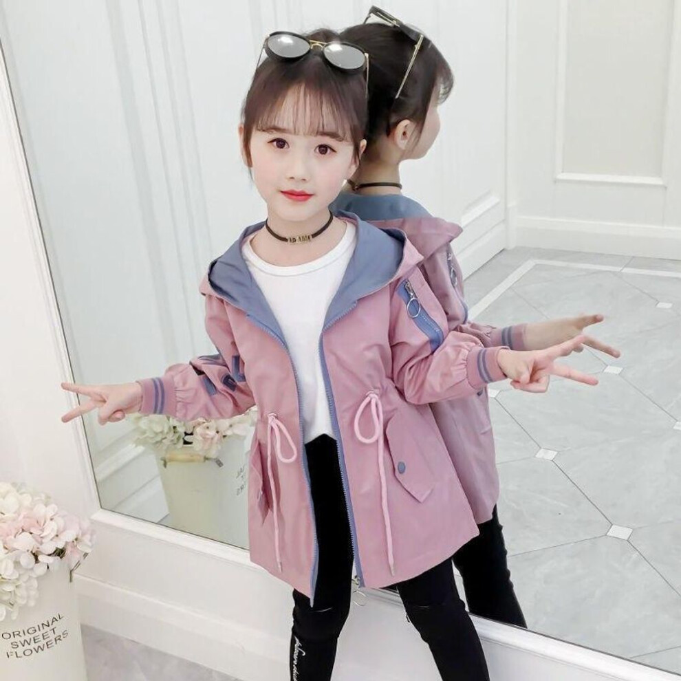 (pink, 120cm) Spring Autumn Long Sleeve Hooded Jacket For Girls  Windbreaker Girls Children Teenage Kids Clothes
