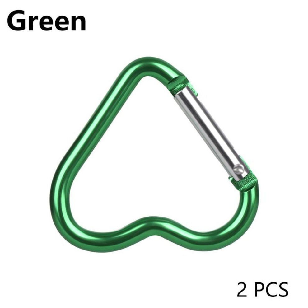 (green) 2Pcs Bag Accessories Aluminum Keyring Hook Outdoor Heart-shaped Keychain Clip Carabiner 2 inch