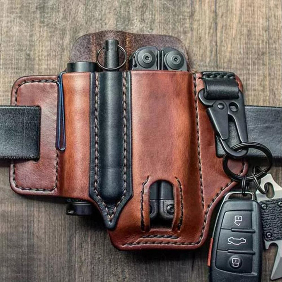 (brown, Leather holster) Men Multitool Leather Sheath Edc Pocket Organizer Storage Belt Waist Bag Gift
