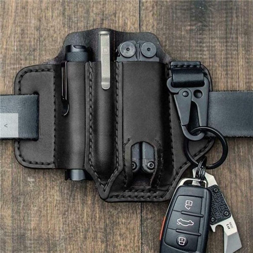 (black, Leather holster) Men Multitool Leather Sheath Edc Pocket Organizer Storage Belt Waist Bag Gift