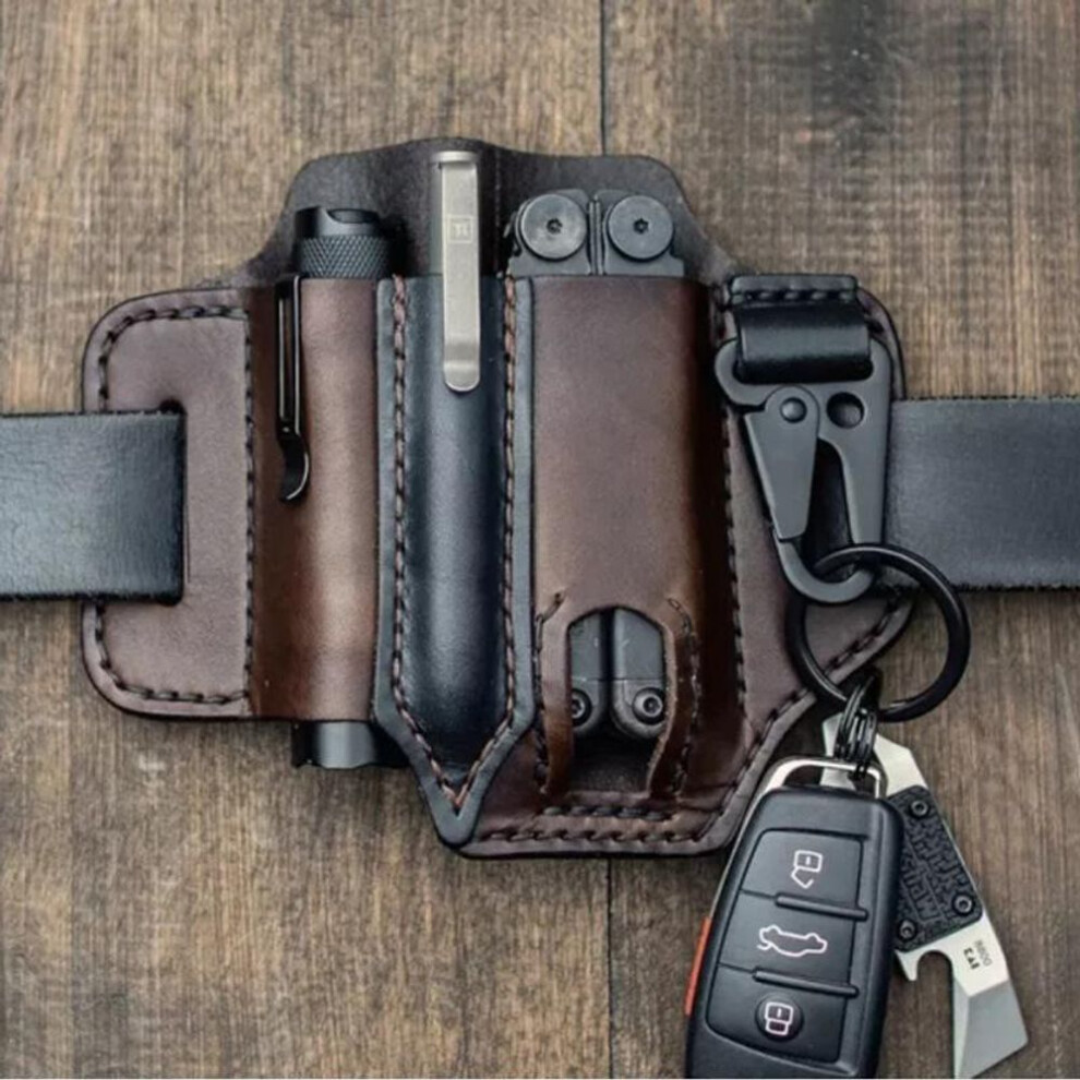 (tan, Leather holster) Men Multitool Leather Sheath Edc Pocket Organizer Storage Belt Waist Bag Gift