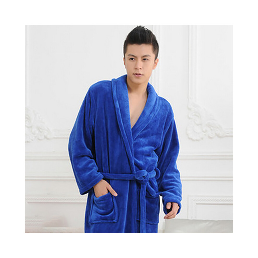 (Royal Blue, M) Women Coral Men Fleece Warm Bathrobe Night Gown Flannel Kimono Robe Winter Blue,Orange