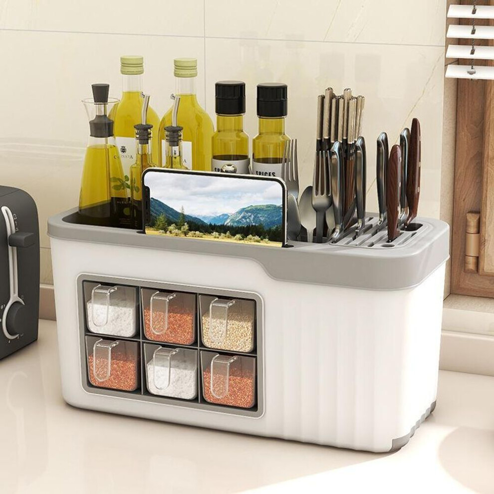 (white, Kitchen storage rack) Multi-functional Seasoning Box Kitchen Storage Rack Seasoning Bottle Condiment Storage Rack Seasoning Tank Knife And Tableware Storage Box