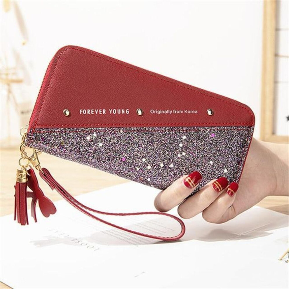 (red) Women Wallet Fashion Sequined Patchwork Long Wallets Leather Coin Purse Female Wallets Tassel Wild Tassel Phone Bag