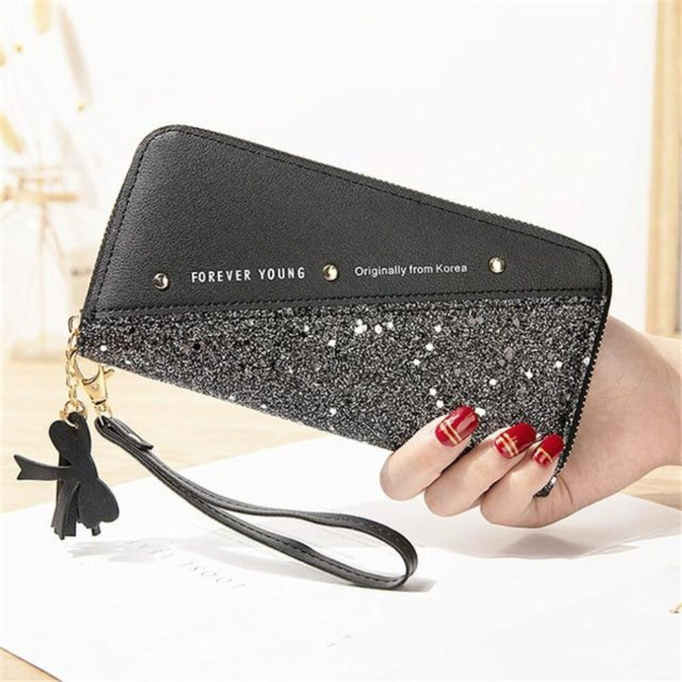 (black) Women Wallet Fashion Sequined Patchwork Long Wallets Leather Coin Purse Female Wallets Tassel Wild Tassel Phone Bag