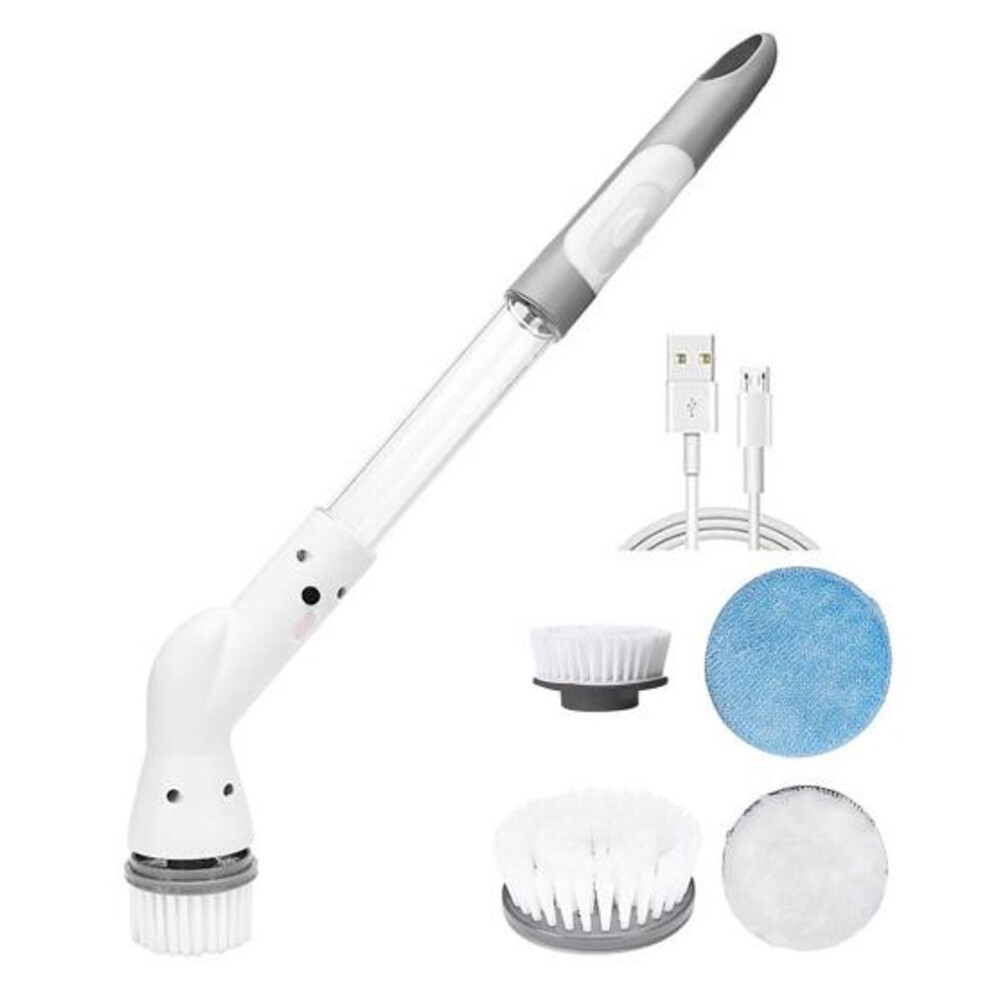 (white) Cordless Electric Cleaning Brush With 4 Replaceable Heads Auto Spin Long Handle Multifunctional Home Bathroom Floor Tile Window Cleaner Scrubber Tool