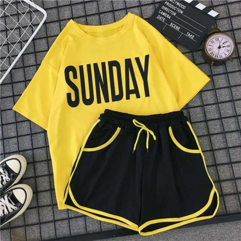 (yellow, M) Girls Casual Pijama Two Piece Fashion Print Short Set Pajamas Sweet Short Sleeve Women&apos;s T-shirt & Drawstring Shorts