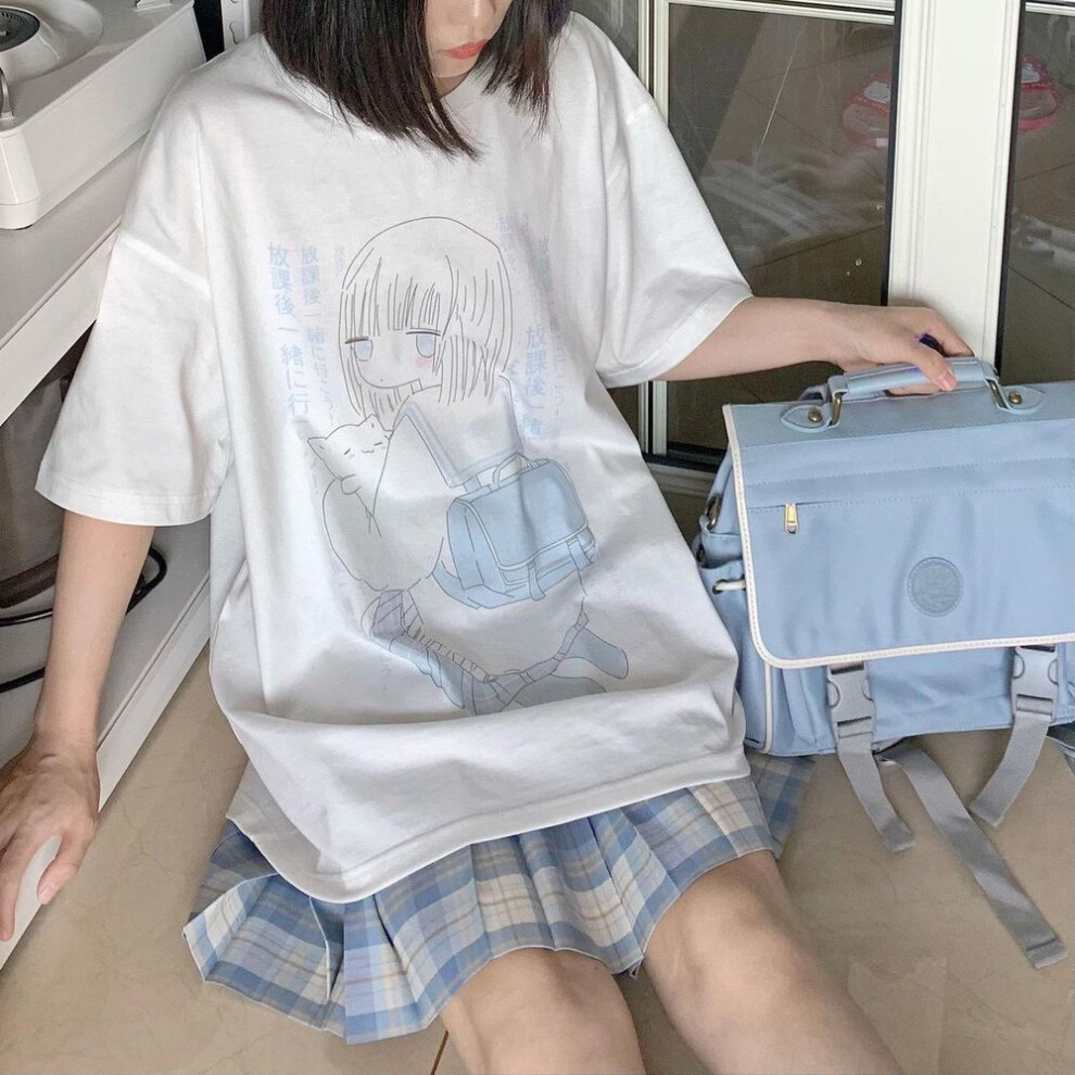 (white, S) Japanese Kawaii Anime T Shirts Women Sweet Couples Cute Cartoon Print Tshirt Tees White Tops Summer