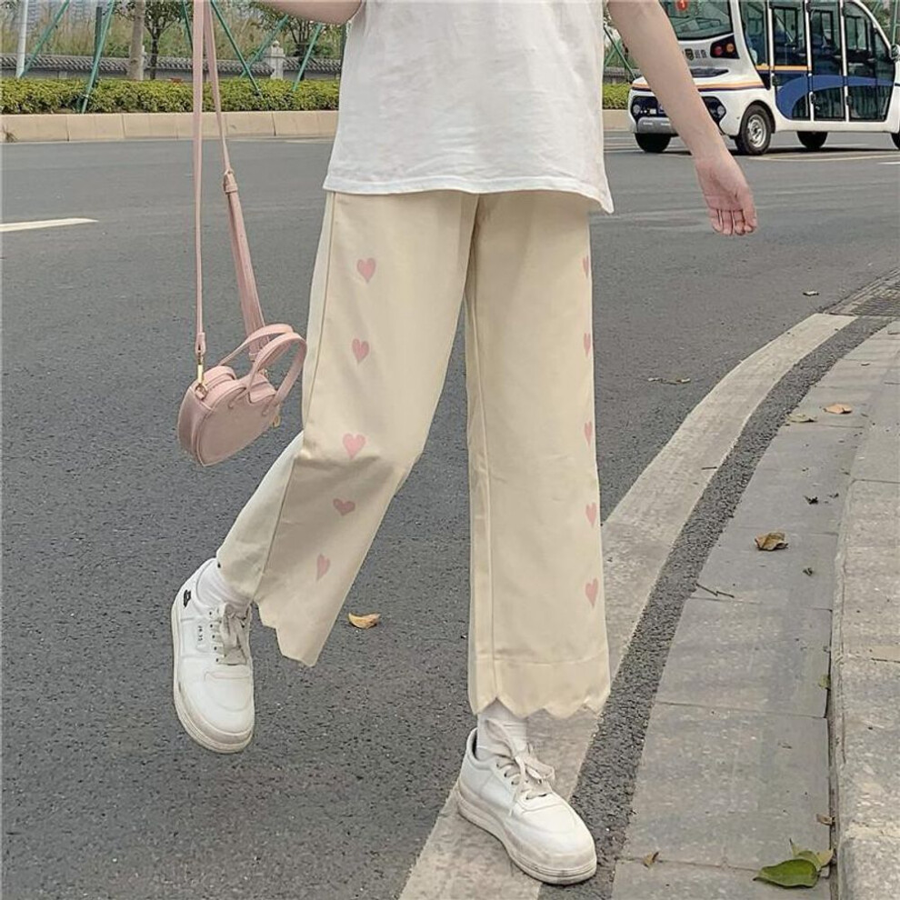 (apricot, XXL) Japanese Sweet Cute Sweatpants Preppy Style Women Love Heart Print Lolita Wide Leg Pants Girls Kawaii Loose Straight Trousers