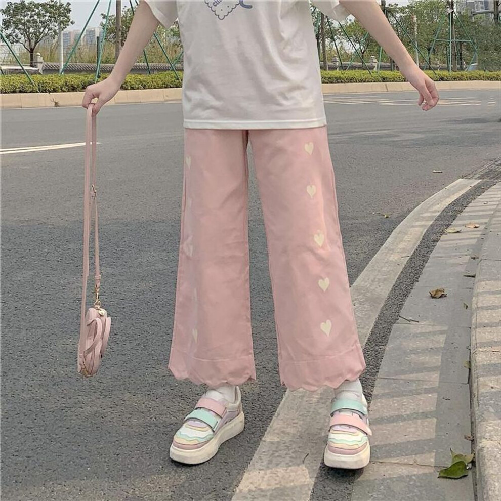 (pink, M) Japanese Sweet Cute Sweatpants Preppy Style Women Love Heart Print Lolita Wide Leg Pants Girls Kawaii Loose Straight Trousers