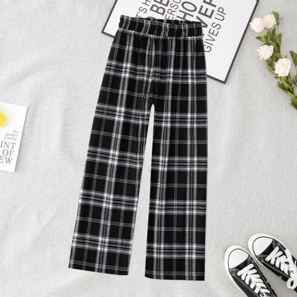 (black white, 160) Girls Plaid Pants Wide Leg Pants Kids Casual Straight-leg Pants Teenager Sport Trousers