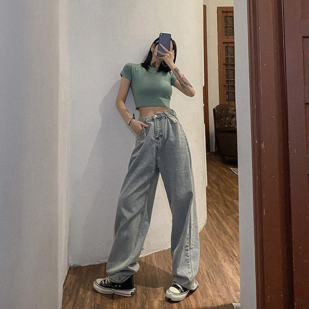 (sky blue, M) Elegant Jeans Women&apos;s Straight Tube Loose Mop High Waist Drop Feeling Soft Denim Wide Leg Pants