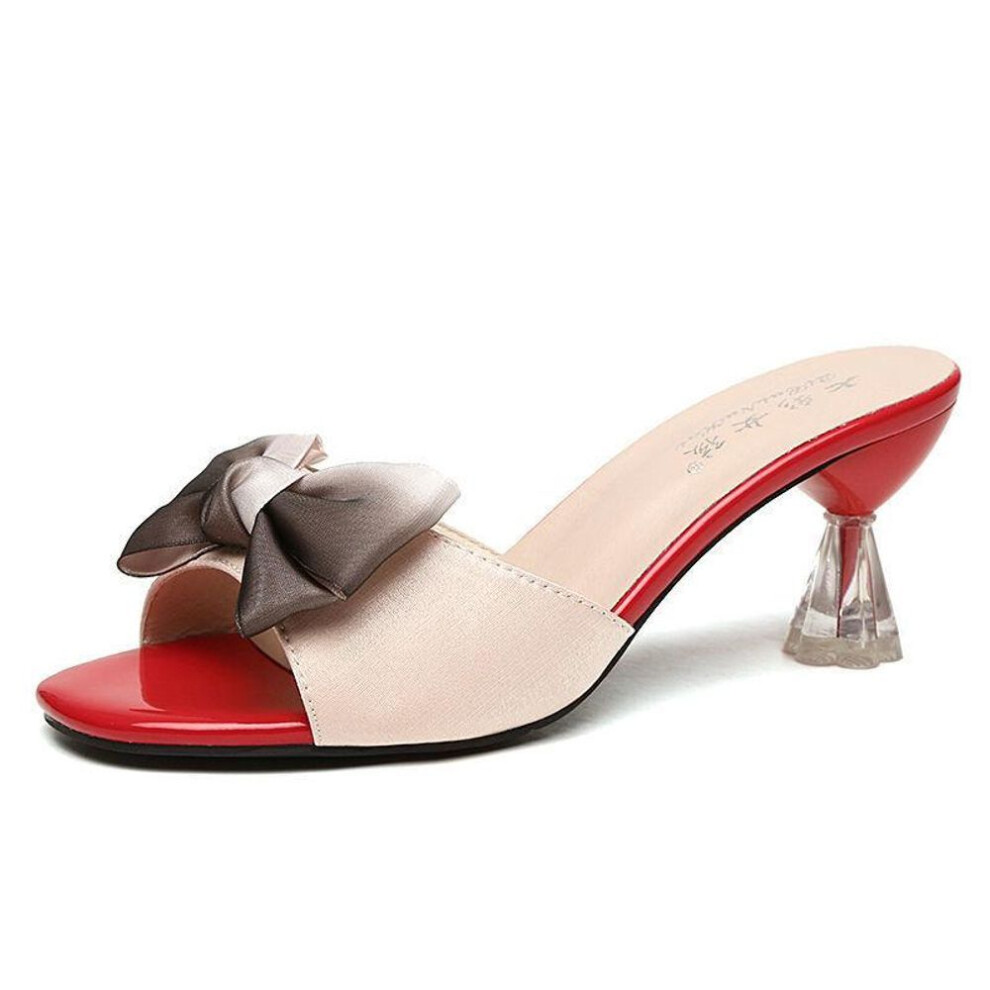 (beige, 36) Sweet Slippers High Heels Women Bow Slides Outdoor Casual Square Heel Sandal Ladies