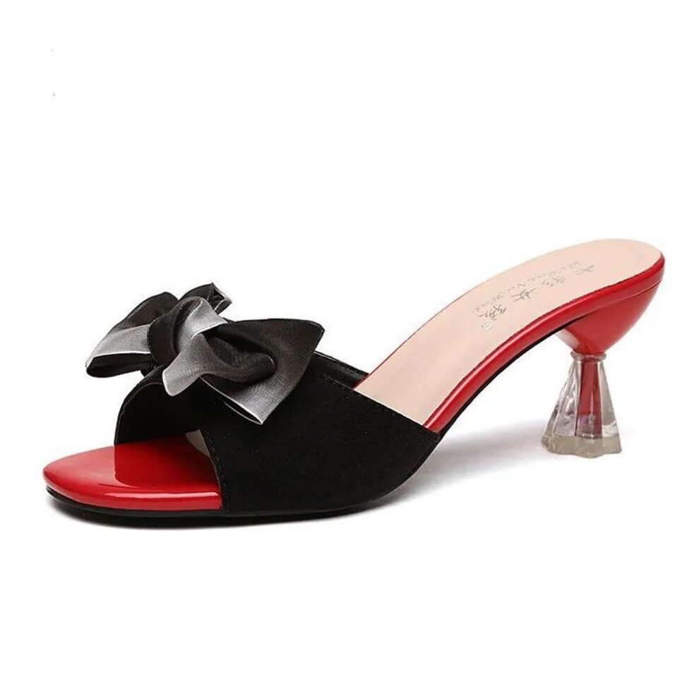 (black, 36) Sweet Slippers High Heels Women Bow Slides Outdoor Casual Square Heel Sandal Ladies