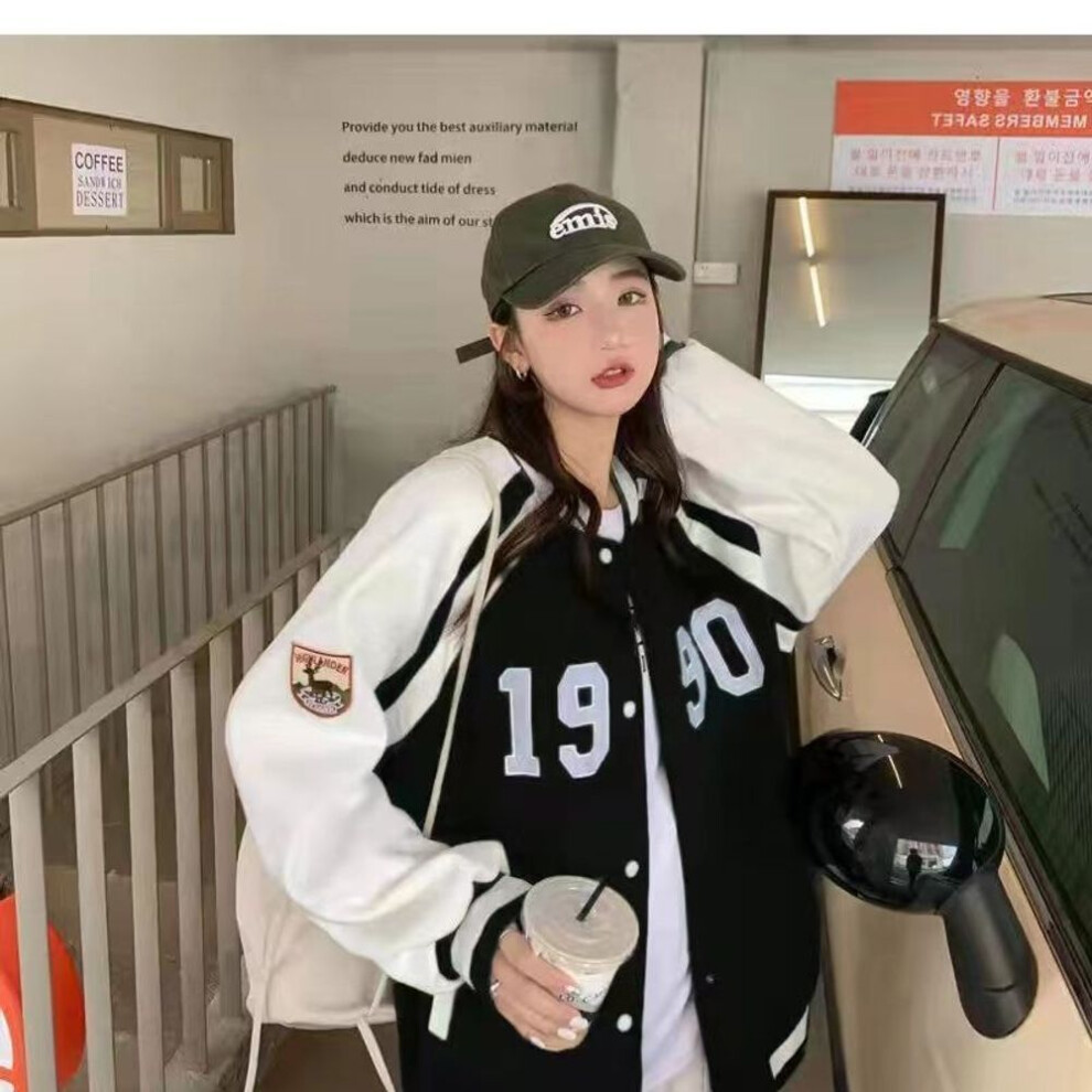 (black, M) Women Preppy College Jacket Tops Girl Casual Baseball Sweatshirt Button Bomber Long Sleeves Coat