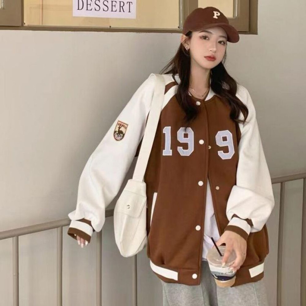 (light brown, XS) Women Preppy College Jacket Tops Girl Casual Baseball Sweatshirt Button Bomber Long Sleeves Coat