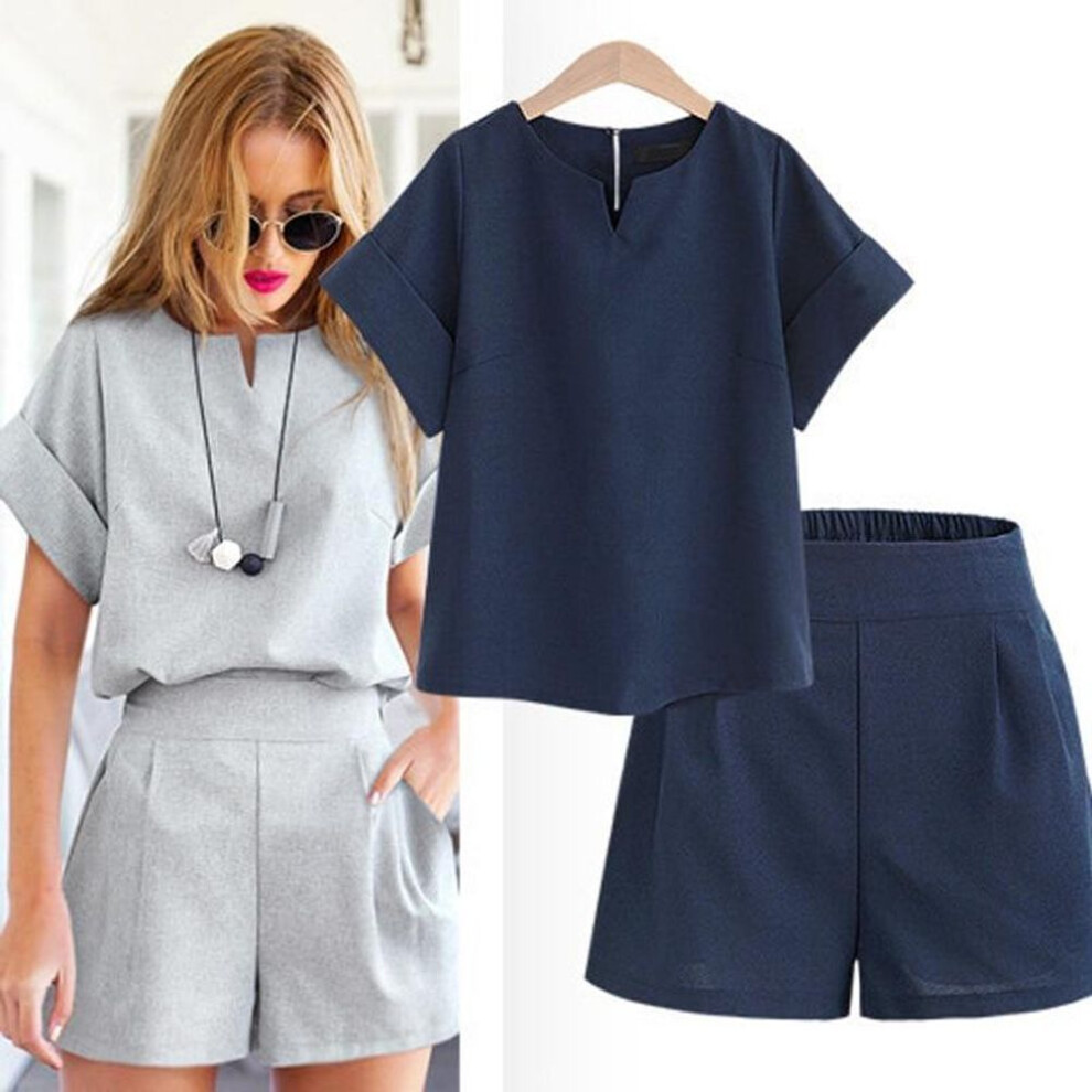(dark blue, XXXXXL) 2 Piece Set Crop Top+pants Suit Aesthetic Summer Women Flax Casual Tracksuit Short Trousers Outfit Sports Suit Oversize