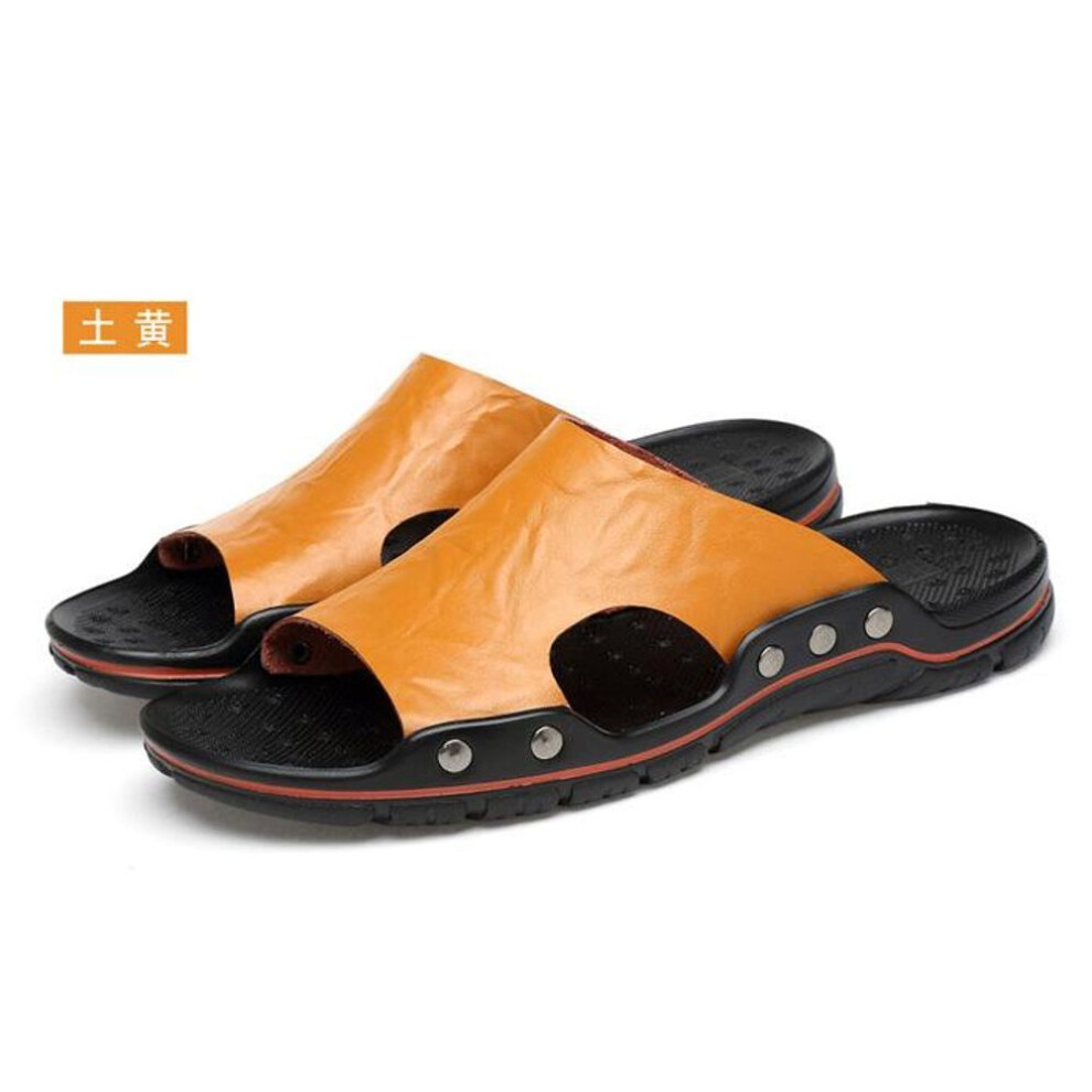 (yellow, 48) Sandals Men&apos;s Leather  Classic Summer Men Slippers Soft Original Sandals Real Leather Slippers Men Roman Outdoor Leather Slides