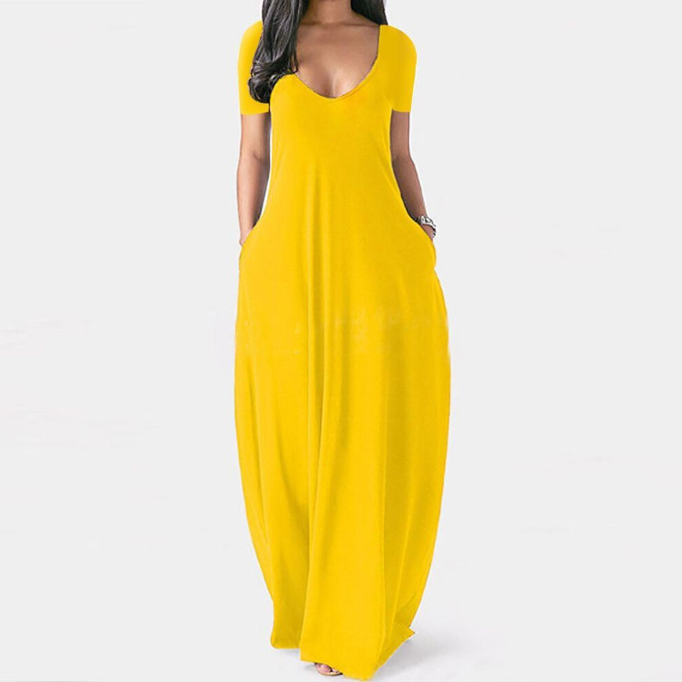(yellow, XXXL) Fashion Women Casual Plus Size Solid V-Neck Pockets Short Sleeve Long Dress