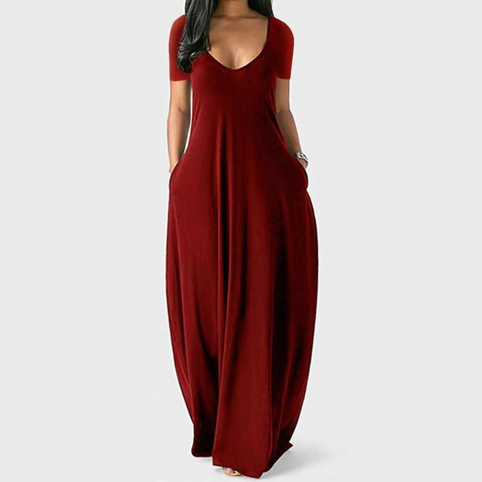 (wine, XL) Fashion Women Casual Plus Size Solid V-Neck Pockets Short Sleeve Long Dress