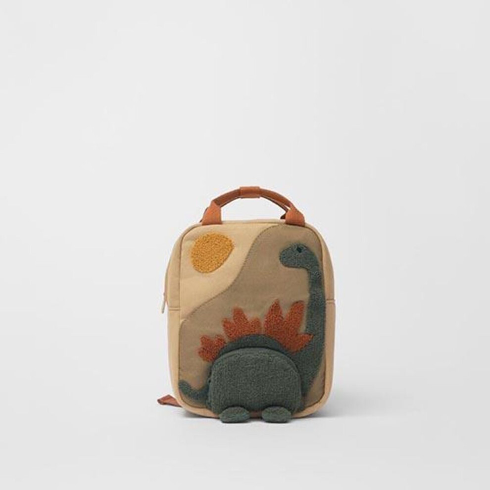 (white) New Embroidery Sun Long Neck Small Dinosaur Backpack Hook Hair Embroidered Cartoon Canvas Kindergarten Children Backpack
