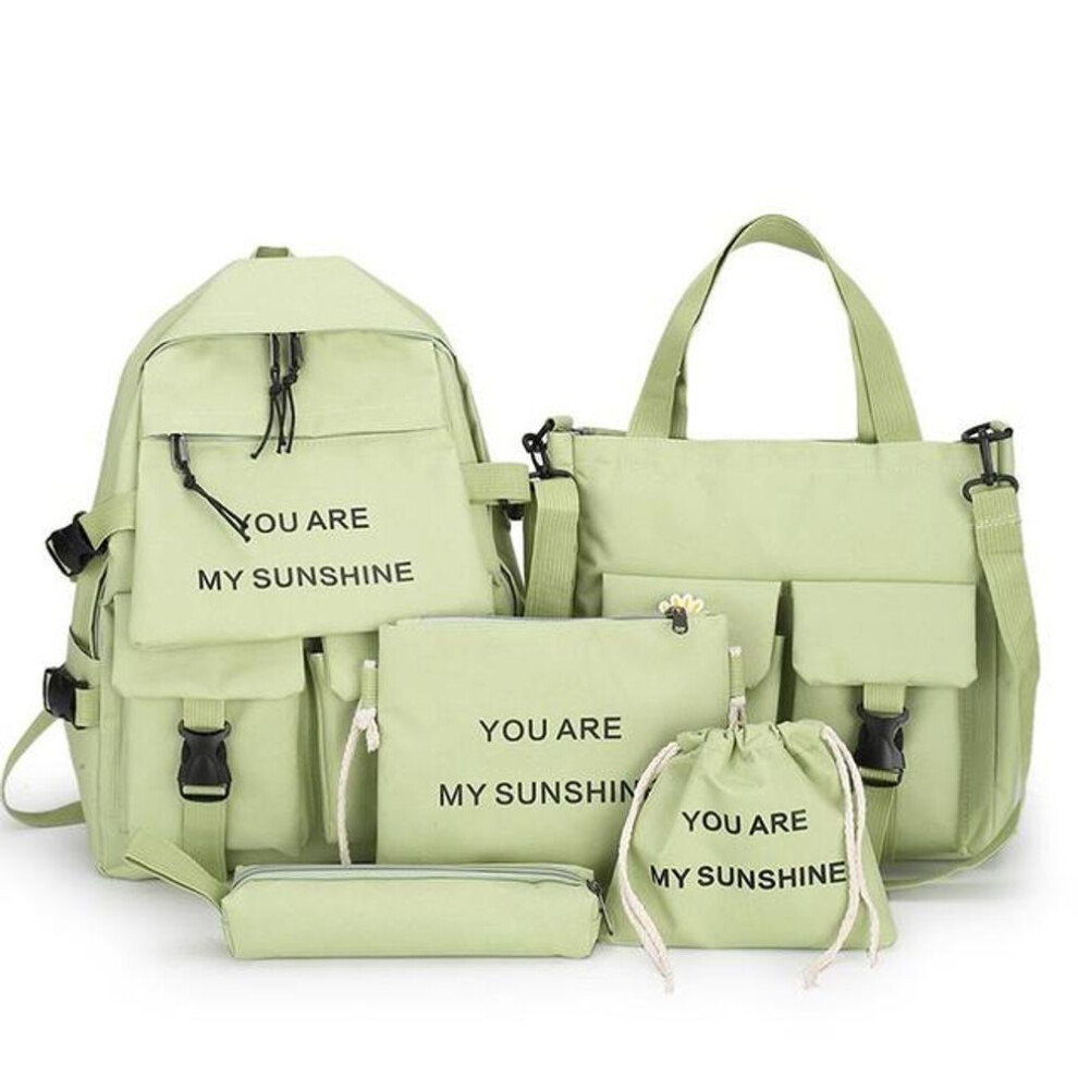 (green) 5Pc Set Schoolbags Girls Women Backpack Canvas Travel Back Pack Student Notebook Bookbags Schoolbag Outdoor Backpack