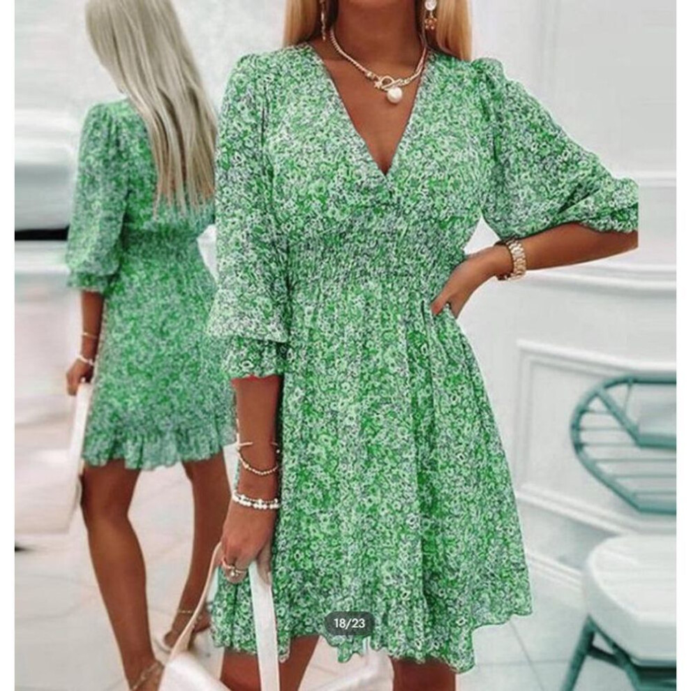 (green, L) Women&apos;s Mid-Length Sleeve V-Neck Bohemian Print Midi Dress