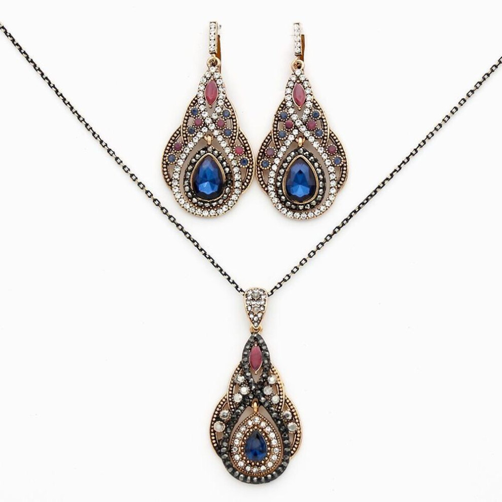 (blue) Gold Color Women Long Hook Dangle Earring Water Drop Pendant Necklace Jewelry Sets Antique Resin Ethnic Bijoux
