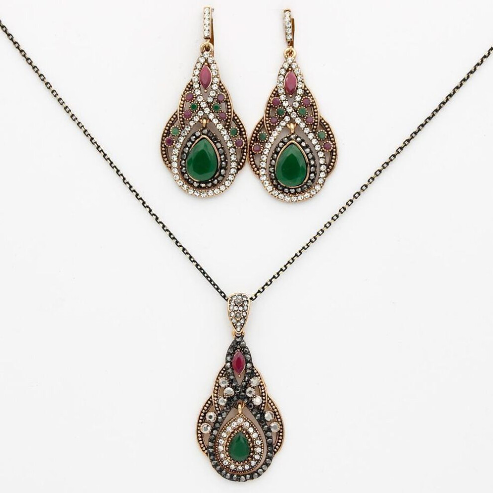 (green) Gold Color Women Long Hook Dangle Earring Water Drop Pendant Necklace Jewelry Sets Antique Resin Ethnic Bijoux