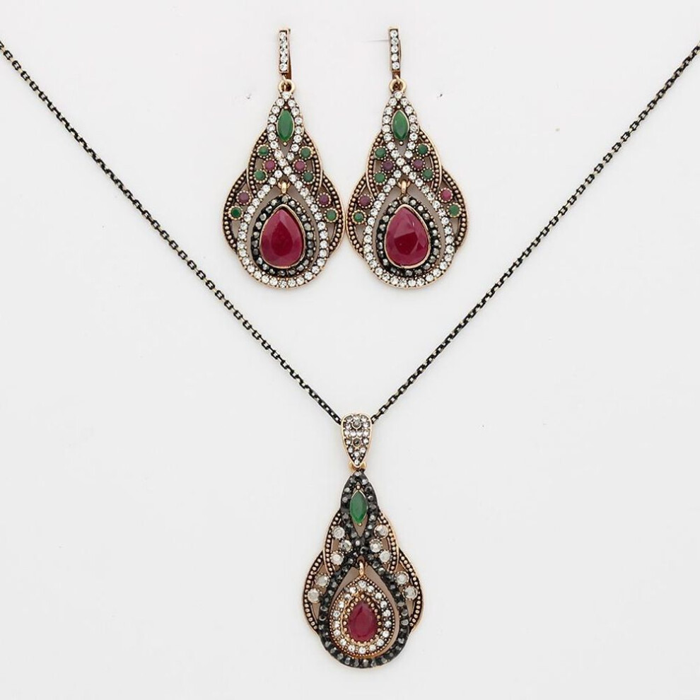 (red) Gold Color Women Long Hook Dangle Earring Water Drop Pendant Necklace Jewelry Sets Antique Resin Ethnic Bijoux