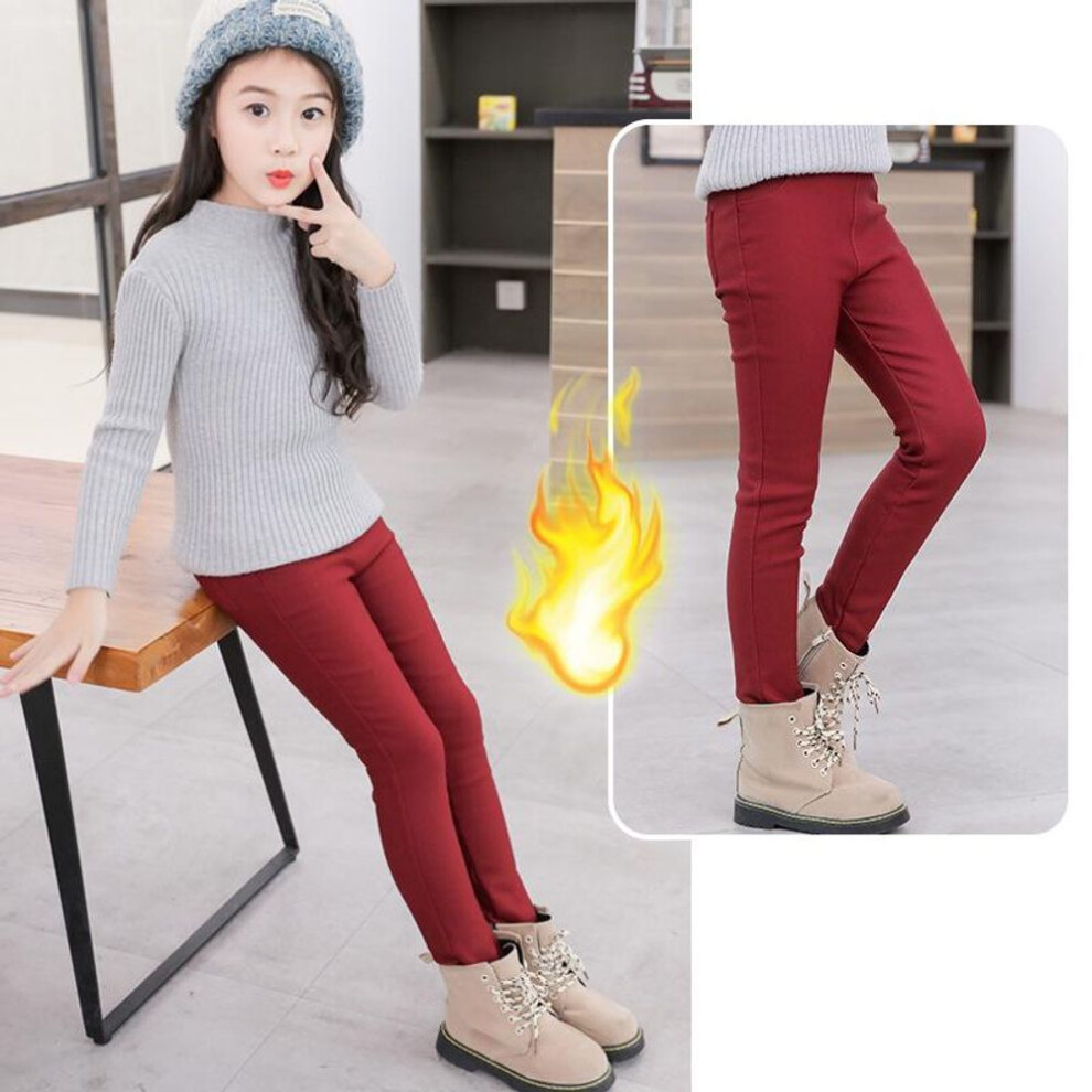 (wine red, M) Girls Winter Warm Velvet Pencil Pants Tights Thick Fleece Lined Legging Trousers For Girls