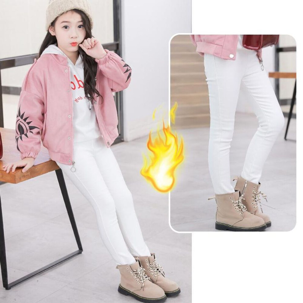 (white, S) Girls Winter Warm Velvet Pencil Pants Tights Thick Fleece Lined Legging Trousers for Girls