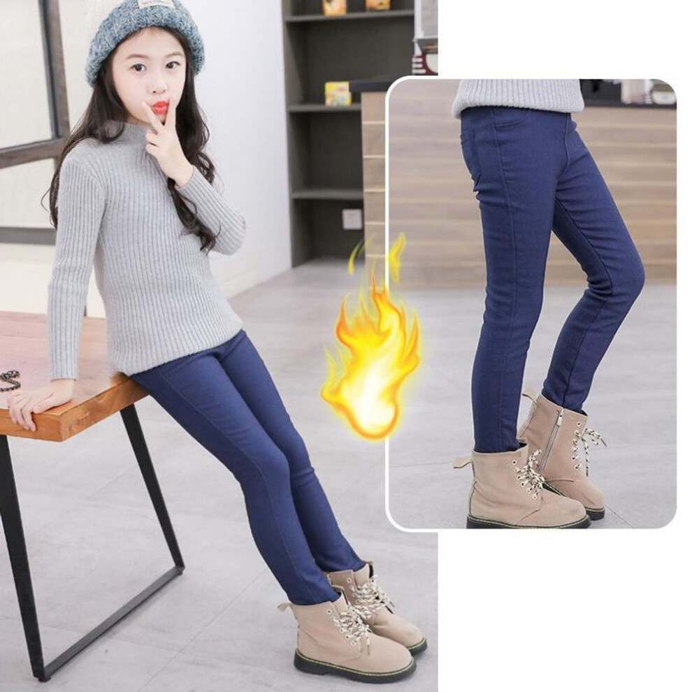 (navy blue, S) Girls Winter Warm Velvet Pencil Pants Tights Thick Fleece Lined Legging Trousers For Girls