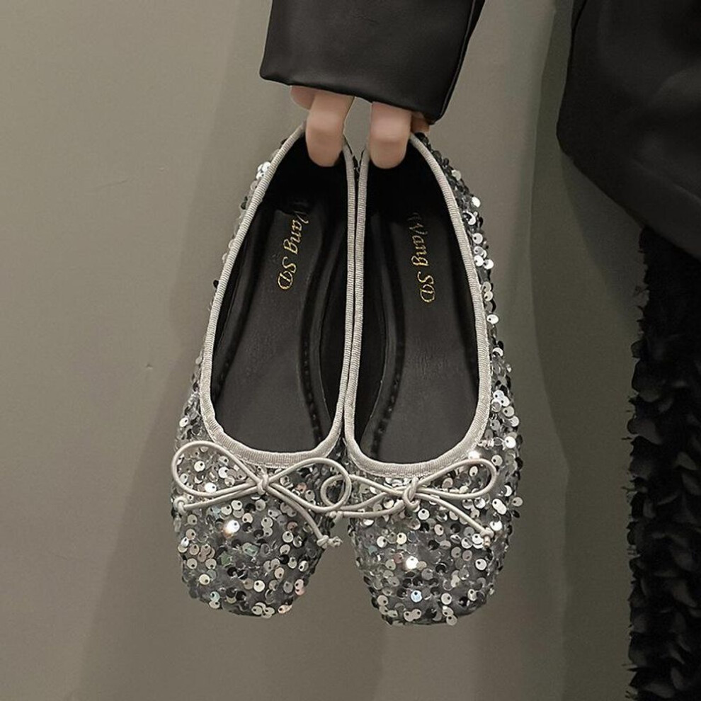 (silver, 38) Silver Mary Jane Shoes Flat Bottomed Elegant Silver Sequin Single Shoe