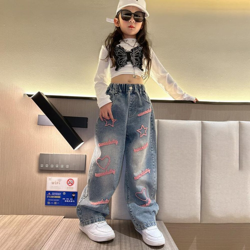 (blue, 170) Girls School Wide Leg Pants With Heart Star Design Casual Loose Kids Fashion Long Jeans Children Korean Style Trousers Plus Size